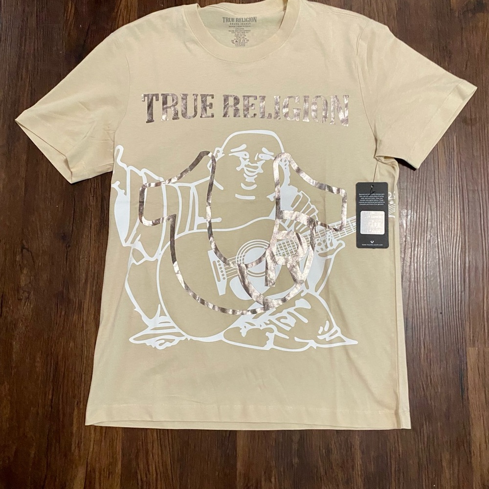 True Religion Tan Short Sleeve Tee with Graphic Design